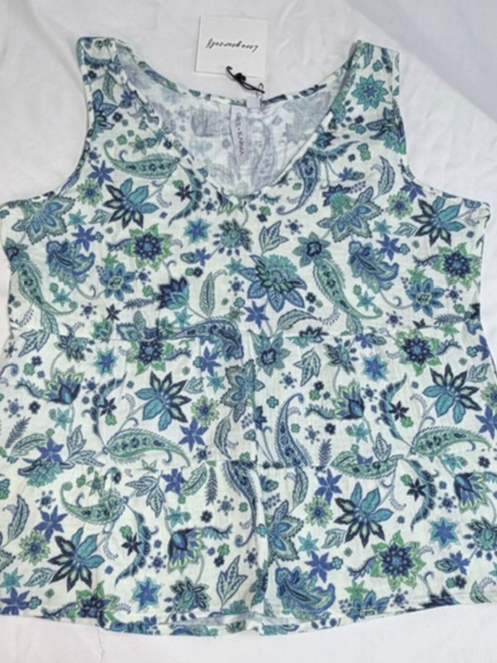 NWT Grace + Karma Blue Green Paisley Tiered Sleeveless Tank Top Size M